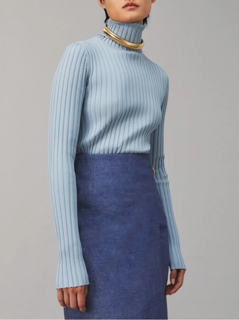 Tory Burch Ribbed Knit Turtleneck in Pewer Blue